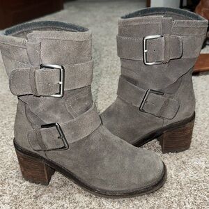 Sam Edelman grey suede heeled buckle boots, size 6